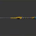3D Rendered Fantasy Sword With Intricate Blade Blue Yellow Striped Hilt And Ornate Guard