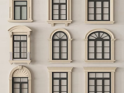 Casement Windows with Various Stylish Designs Black Panes Beige Frames on Beige Wall 3d model
