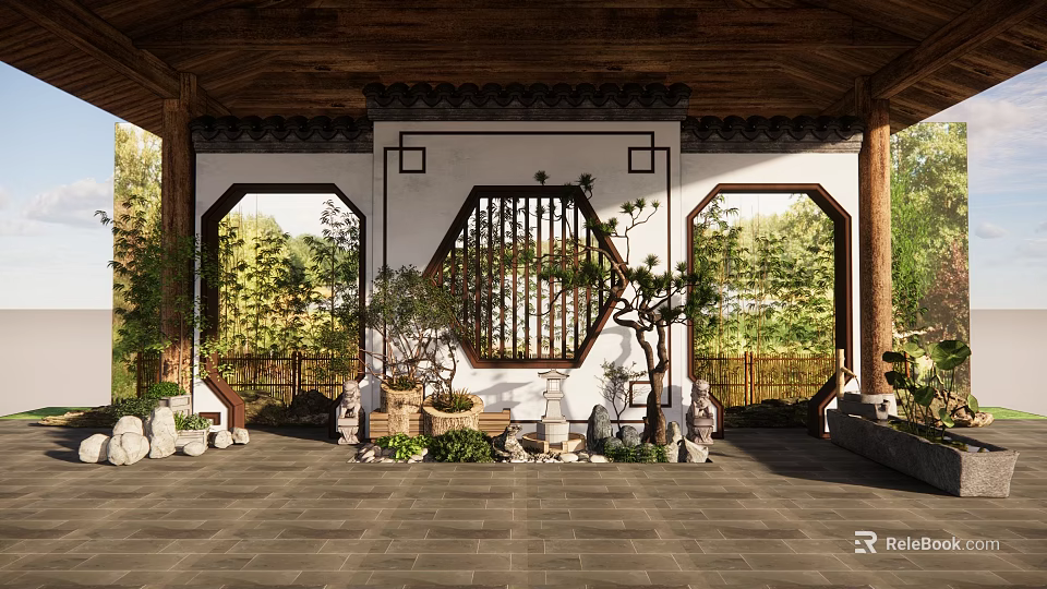 Chinese Traditional Indoor Landscape With Wooden Pavilion Moon Gate Stone Lanterns And Green Plants 3d model 