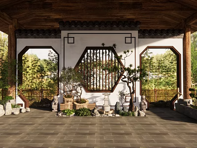 Chinese Traditional Indoor Landscape With Wooden Pavilion Moon Gate Stone Lanterns And Green Plants 3d model