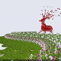 Bushes On Green Grass With Pink And White Flowers Near Red Birds Forming Deer Shape