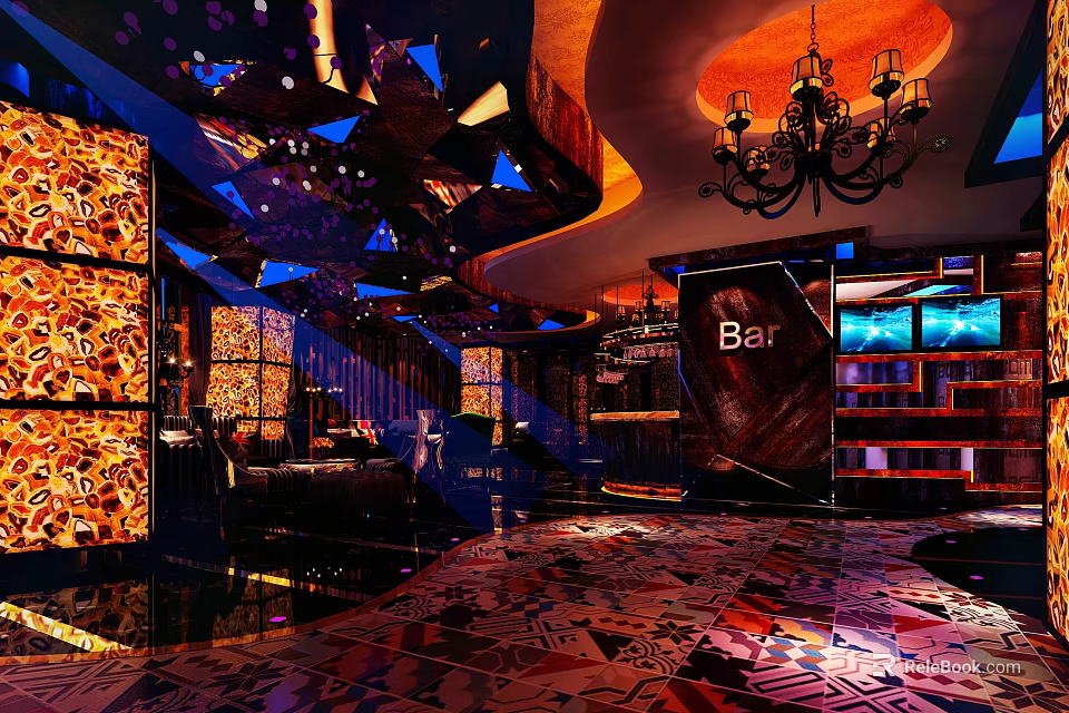 Luxurious Bar Interior With Colorful Lighting Chandeliers And Patterned Floor 3d model 