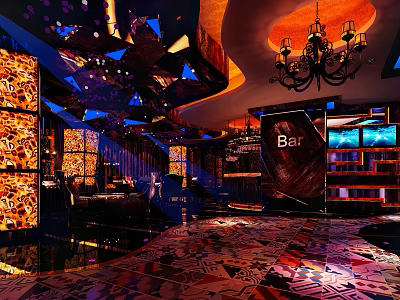 Luxurious Bar Interior With Colorful Lighting Chandeliers And Patterned Floor 3d model