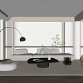 Modern Living Room Interior With Gray Sofa Black Floor Lamp Round Coffee Table And Pouf