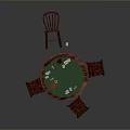 Round Poker Game Table With Green Felt Surface Poker Chips Playing Cards And Wooden Chairs