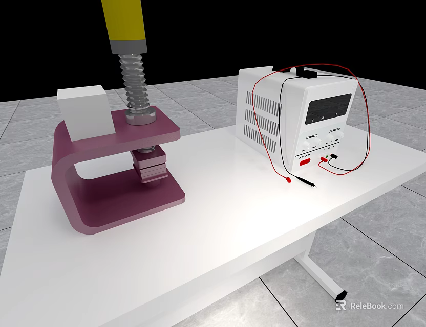 Purple Clamping Device And White Electronic Equipment With Red Wires On White Table Top 3d model 