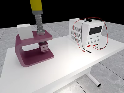 Purple Clamping Device And White Electronic Equipment With Red Wires On White Table Top 3d model