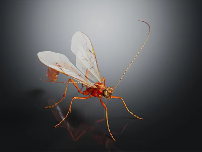 Orange Red Insect With Transparent Wings And Long Antennae On Dark Background 3d model