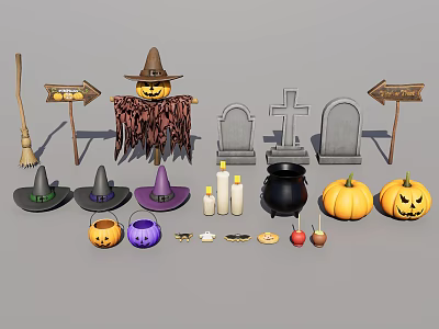 Halloween Decorative Set Featuring Witch Hats Pumpkin Lanterns Tombstones Broom Cauldron And Candles 3d model