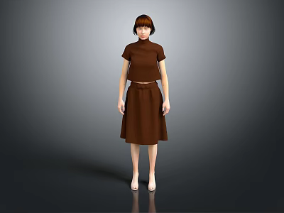 Child Wearing Brown Top And Skirt Standing Against Gray Background 3d model