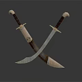 Crossed Decorative Swords With Metal Blades And Wooden Handles On Dark Background Reflection