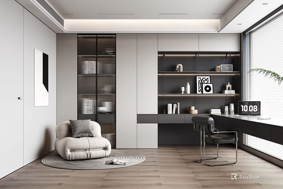 Modern Study Room Interior Design With Bookshelves Writing Desk Armchair And Decorative Items 3d model 