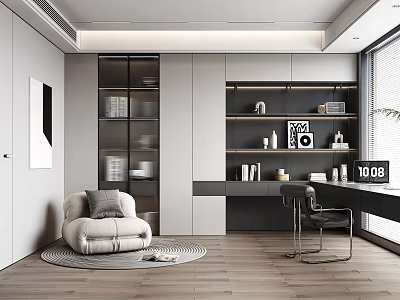 Modern Study Room Interior Design With Bookshelves Writing Desk Armchair And Decorative Items 3d model