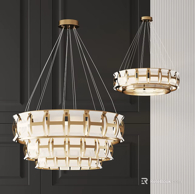 Elegant Modern Chandeliers Featuring Geometric Gold Frame In Dark Wall Interior 3d model