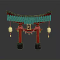 Traditional Japanese Torii Gate Structure With Green Roof Red Pillars And Lanterns
