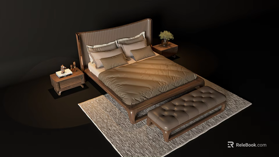 Double Bed With Upholstered Headboard Plush Pillows Brown Comforter And Tufted Bench On Patterned Rug 3d model
