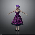 Purple Haired Character In Purple Floral Dress With Outstretched Arms On Gray Background