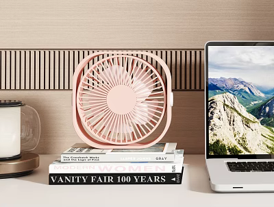 Pink Desk Fan On Magazines Near Laptop In Room 3d model