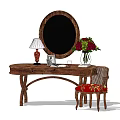 Elegant Wooden Dressing Table With Mirror Table Lamp Photo Frame Vase Flowers And Rattan Chair