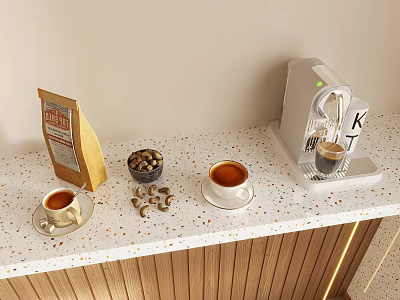 Modern Kitchen Countertop With Coffee Maker Coffee Bag Nuts And Cups 3d model