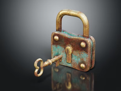 Vintage Brass Padlock Hardware Tool With Rustic Key And Antique Design Details 3d model