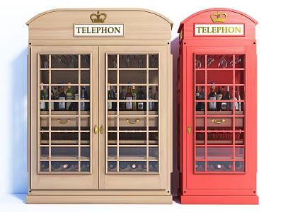 Telephone Booth Style Wine Cabinet with Glass Doors Crown Emblem and Beige Red Design 3d model