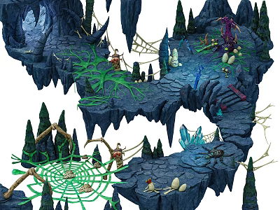 Cartoon Scene Featuring Rocky Platforms Green Vines Spider Webs and Crystals With Small Characters 3d model
