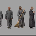 Group of Monks in Gray Robes Walking Sweeping and Talking Together