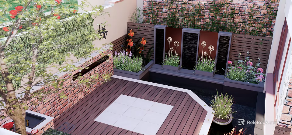 Lush Garden Courtyard Design with Wooden Deck Tile Floor Plant Beds Decorative Wall and Lantern 3d model 