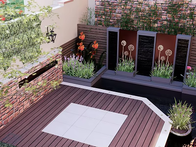 Lush Garden Courtyard Design with Wooden Deck Tile Floor Plant Beds Decorative Wall and Lantern 3d model
