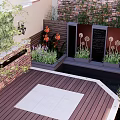 Lush Garden Courtyard Design with Wooden Deck Tile Floor Plant Beds Decorative Wall and Lantern