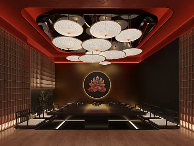 Japanese Restaurant Interior With Red Ceiling White Pendant Lights Round Lotus Painting And Lattice Walls 3d model
