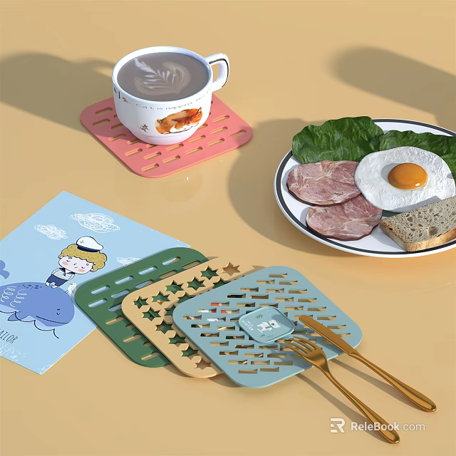 Colorful Kitchen Coasters With Various Shapes And Coffee Cup On Table 3d model 