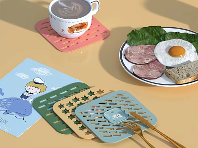 Colorful Kitchen Coasters With Various Shapes And Coffee Cup On Table 3d model