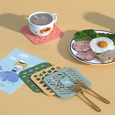 Colorful Kitchen Coasters With Various Shapes And Coffee Cup On Table 3d model Colorful Kitchen Coasters With Various Shapes And Coffee Cup On Table 3d model
