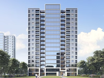 Modern High Rise Residential Building With Glass Facade And Green Trees Under Blue Sky 3d model