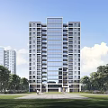 Modern High Rise Residential Building With Glass Facade And Green Trees Under Blue Sky