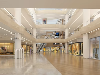 Spacious Modern Mall Atrium With Multi Level Floors Bright Lighting And Retail Stores 3d model