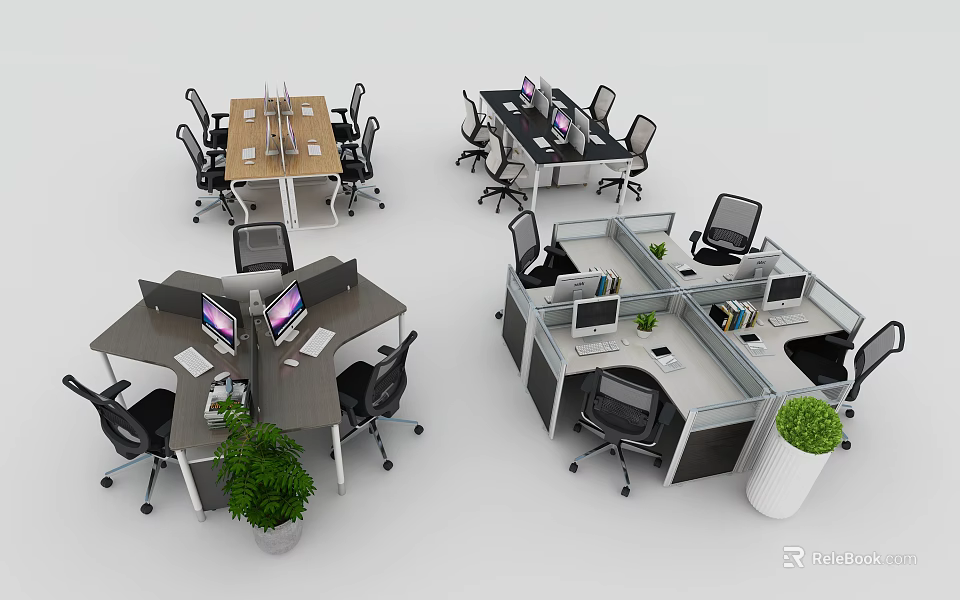 Modern Office Desks With Cubicle Workstations Computers Office Chairs And Potted Plants 3d model 
