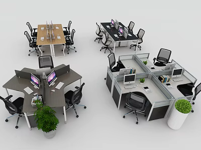 Modern Office Desks With Cubicle Workstations Computers Office Chairs And Potted Plants 3d model