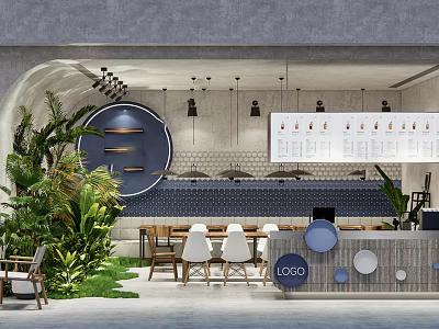 Modern Bubble Tea Shop With Curved Entrance Circular Decor And Blue Tiled Wall 3d model