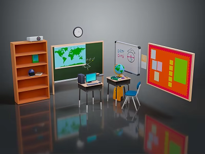 Classroom Desk Setup With Laptop Globe Blackboard Clock Wooden Shelf Colorful Bulletin Boards 3d model
