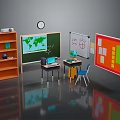 Classroom Desk Setup With Laptop Globe Blackboard Clock Wooden Shelf Colorful Bulletin Boards