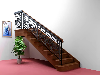 Wooden Staircase With Black Carved Railing Green Plant And Wall Painting On Pink Floor 3d model