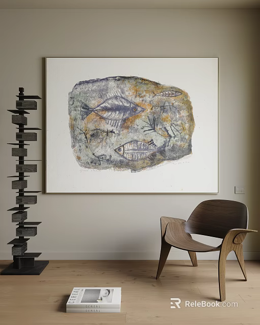 Elegant Textured Abstract Painting In Neutral Interior With Stacked Black Decor And Wooden Chair 3d model 