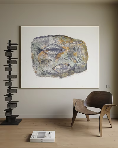Elegant Textured Abstract Painting In Neutral Interior With Stacked Black Decor And Wooden Chair 3d model