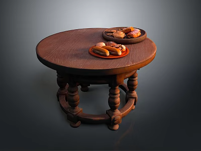 Freshly Prepared Sausages and Bread on Round Wooden Table with Two Plates 3d model