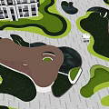 Modern Urban Landscape Design With Green Lawns Winding Paths And Buildings