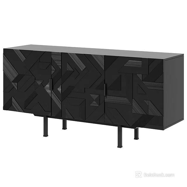 Modern Black TV Stand With Geometric Pattern Design And Slim Legs 3d model 