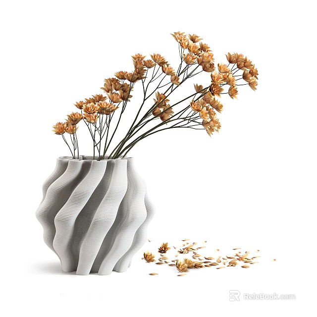 White Wavy Textured Vase With Dried Orange Flowers And Scattered Petals 3d model 